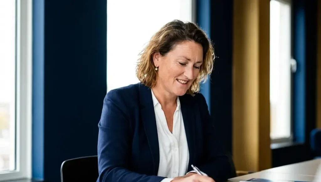 Marleen glimlachend aan het schrijven